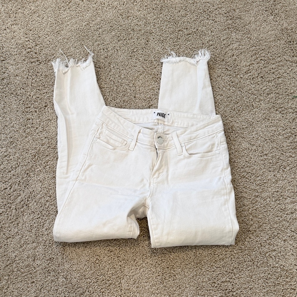 PAIGE White High-Rise Cropped Raw Hem Jeans